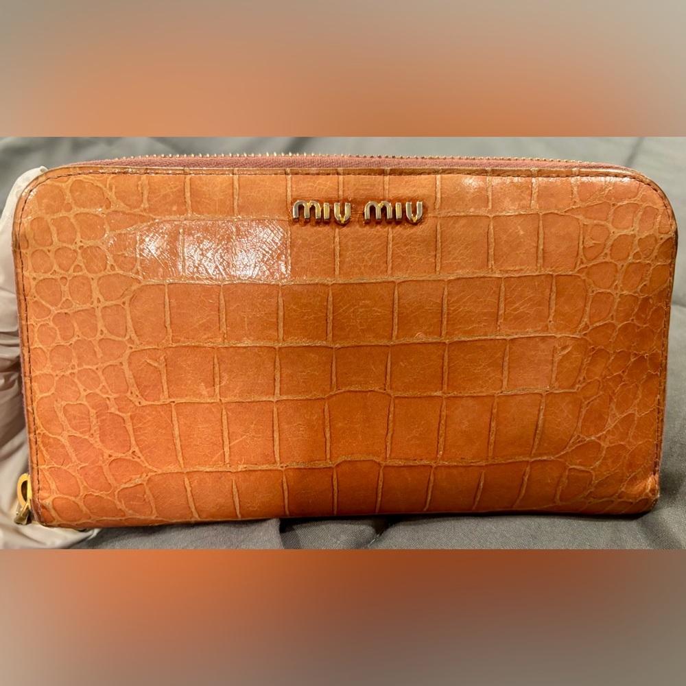 Miu Miu Croc-Embossed Brown Wallet